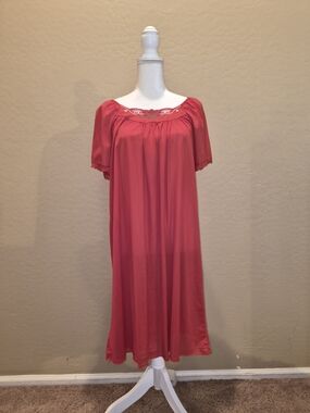 Women's Red Short-Sleeve Nightgown Chemise with Embroidered Neckline